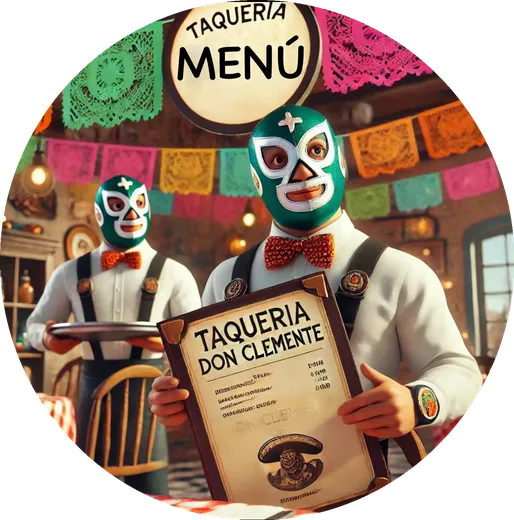 Luchadores de Taquería Don Clemente presentando el menú